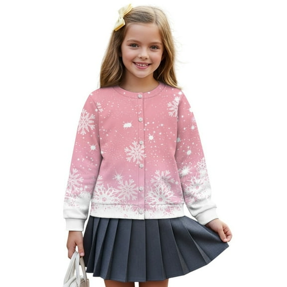 COEQINE Girls Long Sleeve Cardigan with Print, Lightweight Polyester Crewneck Button Front Jacket, Soft Machine Washable Top for School and Casual Wear, Ages 7-8, Snowflake Pink