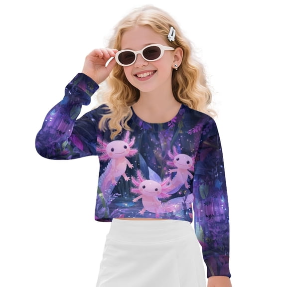 COEQINE Girls Loose Fit Crop Top, Long Sleeve Comfort Sweatshirt, Fall Winter Clothes Crewneck Pullover for School Tween Age 11-12, Axolotl Violet