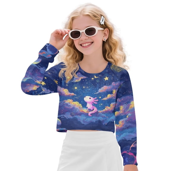 COEQINE Girls Loose Fit Crop Top, Long Sleeve Comfort Sweatshirt, Fall Winter Clothes Crewneck Pullover for School Tween Age 5-6, Axolotl Galaxy Star