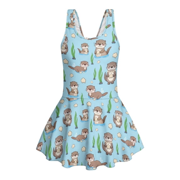 COEQINE Girls One Piece Bathing Suit, Scoop U-Neck & V Back Playful Swimsuit with Attached Skirt, Beach Swim Dress for Kids Age 3-4, Machine Washable, Otter Seagrass Blue