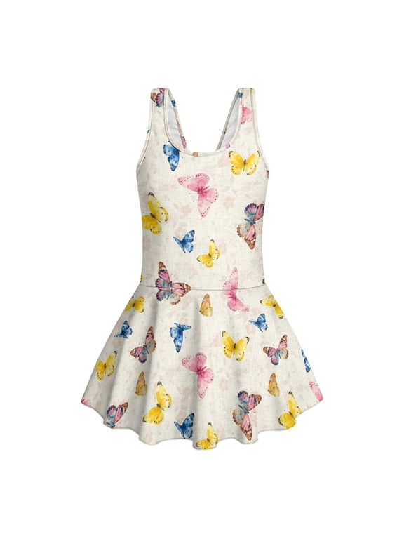 Girls One Piece Swimsuit with Attached Liner, Scoop Neck V-Back Swim Dress for Swim Lessons, Polyester Spandex Bathing Suit for Girls 10-11 Year Olds, Retro Butterfly