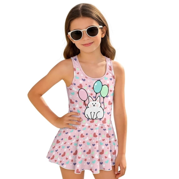 COEQINE Girls One Piece Swimsuit with Attached Liner, Scoop Neck V-Back Swim Dress for Swim Lessons, Polyester Spandex Bathing Suit for Girls 3-4 Year Olds, Cat Balloon Heart Pink