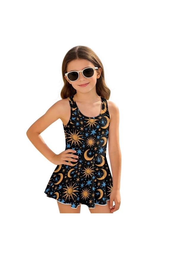 Girls One Piece Swimsuit with Attached Liner, Scoop Neck V-Back Swim Dress for Swim Lessons, Polyester Spandex Bathing Suit for Girls 3-4 Year Olds, Gold Blue Sun Moon Star