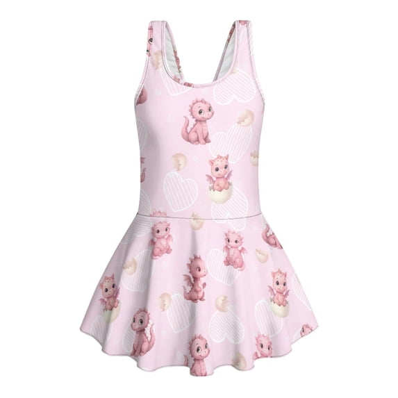 COEQINE Girls One Piece Swimsuit with Attached Liner, Scoop Neck V-Back Swim Dress for Swim Lessons, Polyester Spandex Bathing Suit for Girls 3-4 Year Olds, Pink Dragon Heart