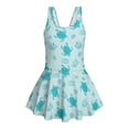 thumbnail image 1 of COEQINE Girls One Piece Swimsuit with Flowy Skirt Bottom, Soft Tank Style Neckline Skirted Swimwear, Comfort Polyester Spandex Bathing Suit for 6-7 Year Olds, Blue Sea Turtle Starfish Coral, 1 of 8