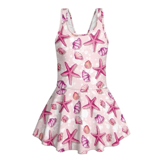 COEQINE Girls One Piece Swimsuit with Skirt & Attached Liner, Comfortable Tank Top V-Back Swimwear with Skirt Bottom, Cute Bathing Suit for Kids Age 10-11, Pink Starfish Conch Seashell