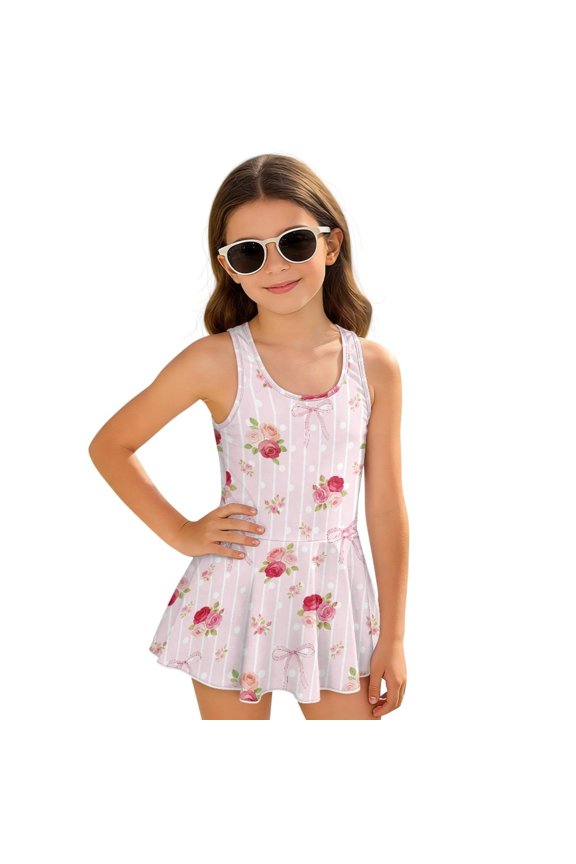 Girls One Piece Swimsuit with Skirt & Attached Liner, Comfortable Tank Top V-Back Swimwear with Skirt Bottom, Cute Bathing Suit for Kids Age 3-4, Pink Rose Bow Polka Dot Stripe