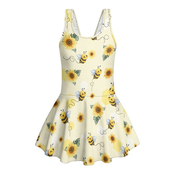 COEQINE Girls One Piece Swimsuit with Skirt & Built-in Brief Liner, Tank Neck Bathing Suit for Kids 5-6 Years, Polyester Spandex Swim Dress for Swim Lessons, Cute Bee Sunflower Yellow