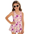 thumbnail image 1 of COEQINE Girls One Piece Swimsuit with Skirt Sleeveless Cute Skirted Bathing Suit Hawaiian Swimwear for Kids 3-4 Years, Summer Swim Dress for Water Play, Tropical Plumeria Pink Purple, 1 of 8