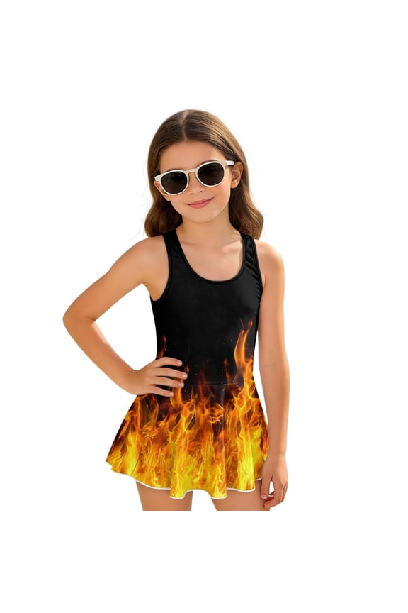 Girls One Piece Swimsuit with Skirt Sleeveless Cute Skirted Bathing Suit Hawaiian Swimwear for Kids 6-7 Years, Summer Swim Dress for Water Play, Fire Flame Black