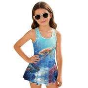 COEQINE Girls One Piece Swimsuit with Skirt Sleeveless Cute Skirted Bathing Suit Hawaiian Swimwear for Kids 8-9 Years, Summer Swim Dress for Water Play, Sea Turtle Coral Sea
