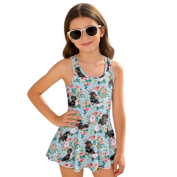 COEQINE Girls One Piece Swimsuit for Swim Lessons & Beach Play, Cute Swim Dress with Skirt & Liner, Scoop Neck Fixed Wide Strap V-Back Swimwear, Ages 5-6, Dachshund Floral Blue