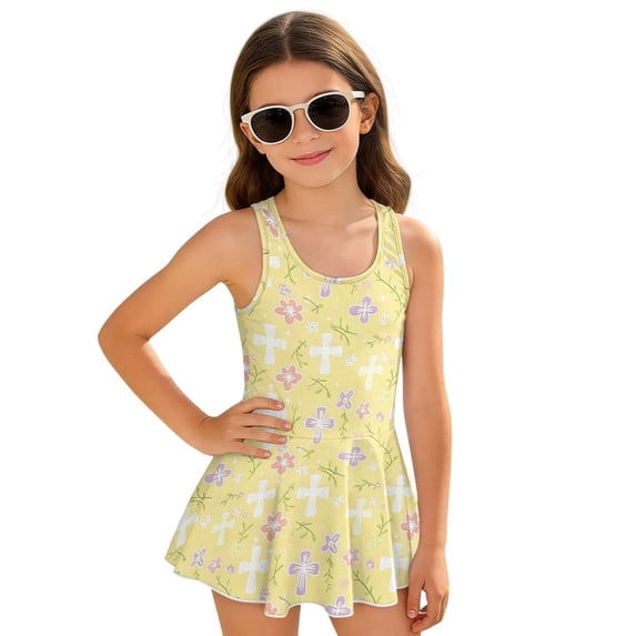 COEQINE Girls One Piece Tankini Swimsuit with Full Coverage Skirt and Inner Brief, Soft Scoop Neck Swimwear, Secure Fit Comfortable Bathing Suit for 8-9 Years, Floral Cross Yellow