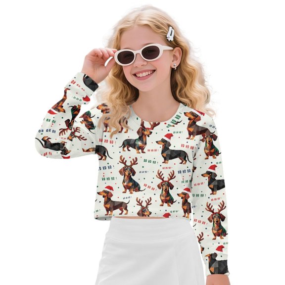 COEQINE Girls Pullover Tops Crop Top Long Sleeve Sweatshirt Fall Winter Sweater Outfits Loose Fit Casual Crewneck Shirt for Age 5-6, Christmas Dachshund Beige