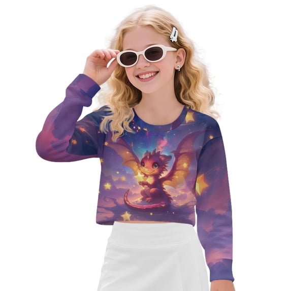COEQINE Girls Pullover Tops Crop Top Long Sleeve Sweatshirt Fall Winter Sweater Outfits Loose Fit Casual Crewneck Shirt for Age 5-6, Cute Dragon Star Cloud