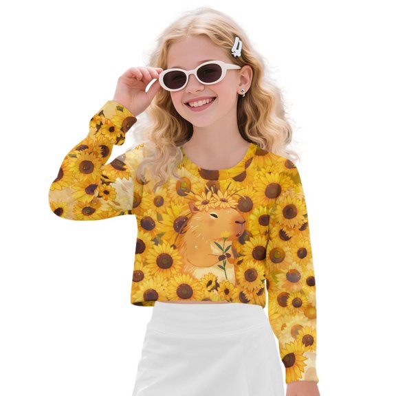 COEQINE Girls Pullover Tops Crop Top Long Sleeve Sweatshirt Fall Winter Sweater Outfits Loose Fit Casual Crewneck Shirt for Age 9-10, Capybara Sunflower