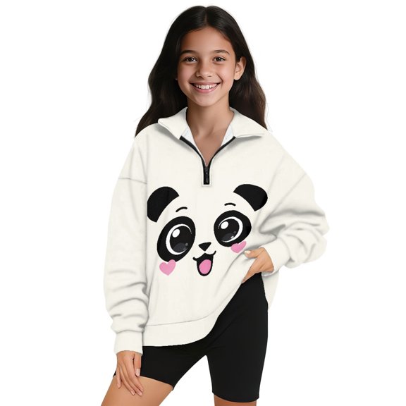 COEQINE Girls Quarter Zip Pullover, Long Sleeve Loose Fit Sweatshirt with Collar, Soft Polyester Fabric Machine Washable, Cute Casual Style for 7-8 Years, Lovely Panda Beige