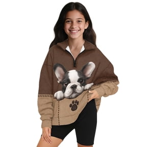 COEQINE Girls Quarter Zip Pullover Sweatshirt, Long Sleeve Loose Fit Pullover with Collar, Machine Washable Polyester Sweatshirt for Kids 13-14 Years Old, Boston Terrier Paw Brown