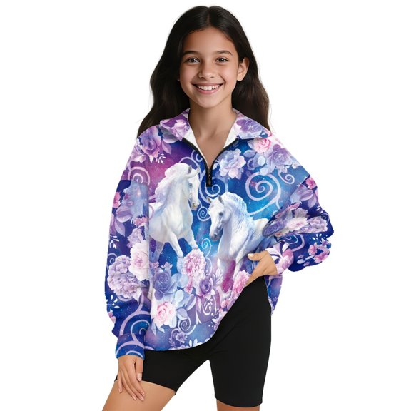 COEQINE Girls Quarter Zip Pullover Sweatshirt, Long Sleeve Loose Fit Pullover with Collar, Machine Washable Polyester Sweatshirt for Kids 13-14 Years Old, Horse Flower Galaxy Blue