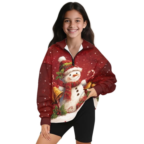 COEQINE Girls Quarter Zip Pullover Sweatshirt, Long Sleeve Loose Fit Pullover with Collar, Machine Washable Polyester Sweatshirt for Kids 13-14 Years Old, Snowman Bell Red