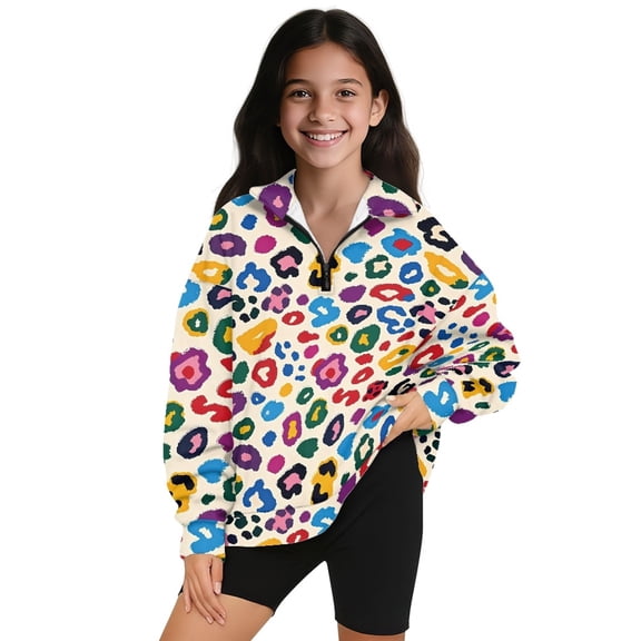 COEQINE Girls Quarter Zip Pullover Sweatshirt, Long Sleeve Loose Fit Pullover with Collar, Machine Washable Polyester Sweatshirt for Kids 5-6 Years Old, Colorful Leopard Print