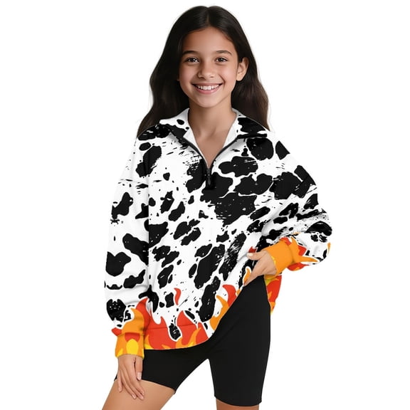COEQINE Girls Quarter Zip Sweatshirt Long Sleeve Loose Fit, Pullover with Collar and Print, Soft Polyester Fabric Streetwear, Easy Care for Ages 11-12, Cow Print Flame