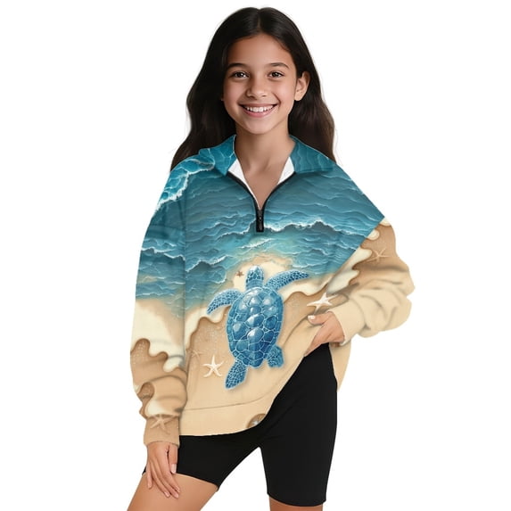 COEQINE Girls Quarter Zip Sweatshirt Pullover, Loose Fit Long Sleeve Fall Tops with Collar, Soft Polyester Fashion Top for Ages 5-6 Machine Washable, Sea Turtle Beach