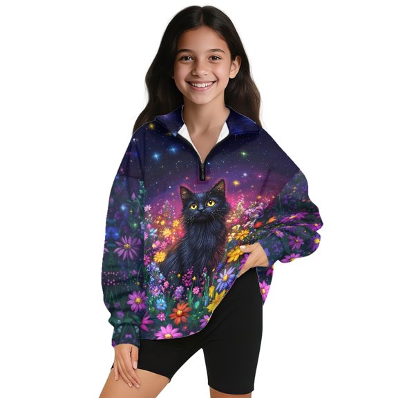 COEQINE Girls Quarter Zip Sweatshirt for School and Play, Loose Fit Long Sleeve Pullover with Collar, Comfortable Printed Top for Everyday Wear, 11-12 Years Black Cat Flower Galaxy