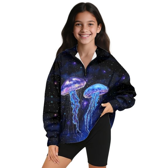 COEQINE Girls Quarter Zip Sweatshirt Tops, Long Sleeve Loose Fit Sweatshirt Pullover, Printed Fashion Top for Kids Teens Ages 7-8 Machine Wash, Jellyfish Galaxy