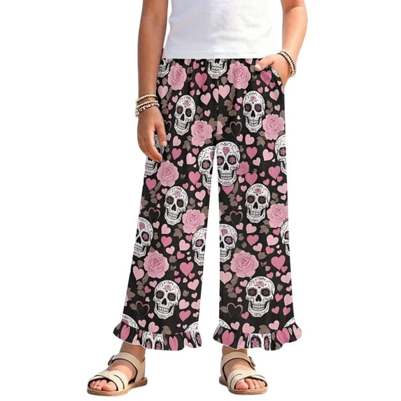 COEQINE Girls Ruffled Pants Elastic Waist Wide Leg Trousers Pants with Pockets Long Trousers Loose Fit Y2K Summer Outfits for 11-12 Years, Skull Floral Heart