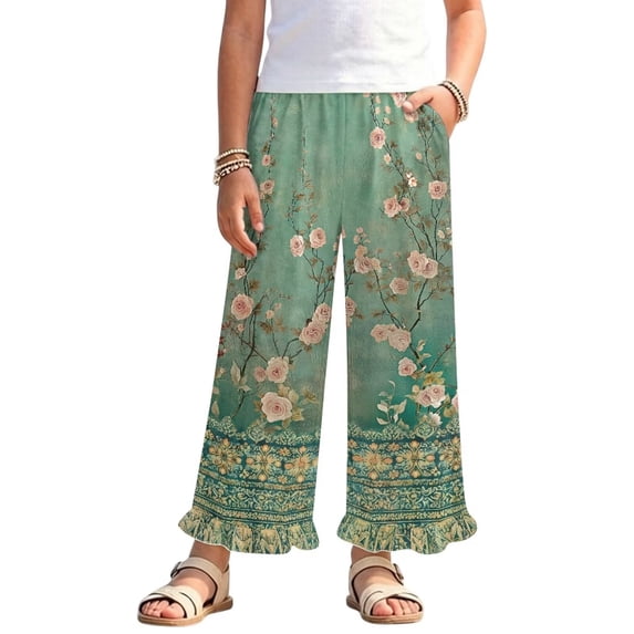 COEQINE Girls Ruffled Pants Elastic Waistband Long Trousers Track Pants with Pockets Wide Leg Trousers Loose Y2K Fashion Outfits for 13-14 Years, Retro Rose Vine Green