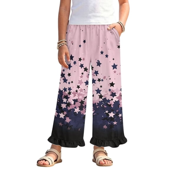 COEQINE Girls' Ruffled Wide Leg Trousers Open Bottom Flowy Long Trousers Lightweight Summer Pants Spring Outfit Baggy Sweatpant for 9-10 Y, Pink Navy Star Print