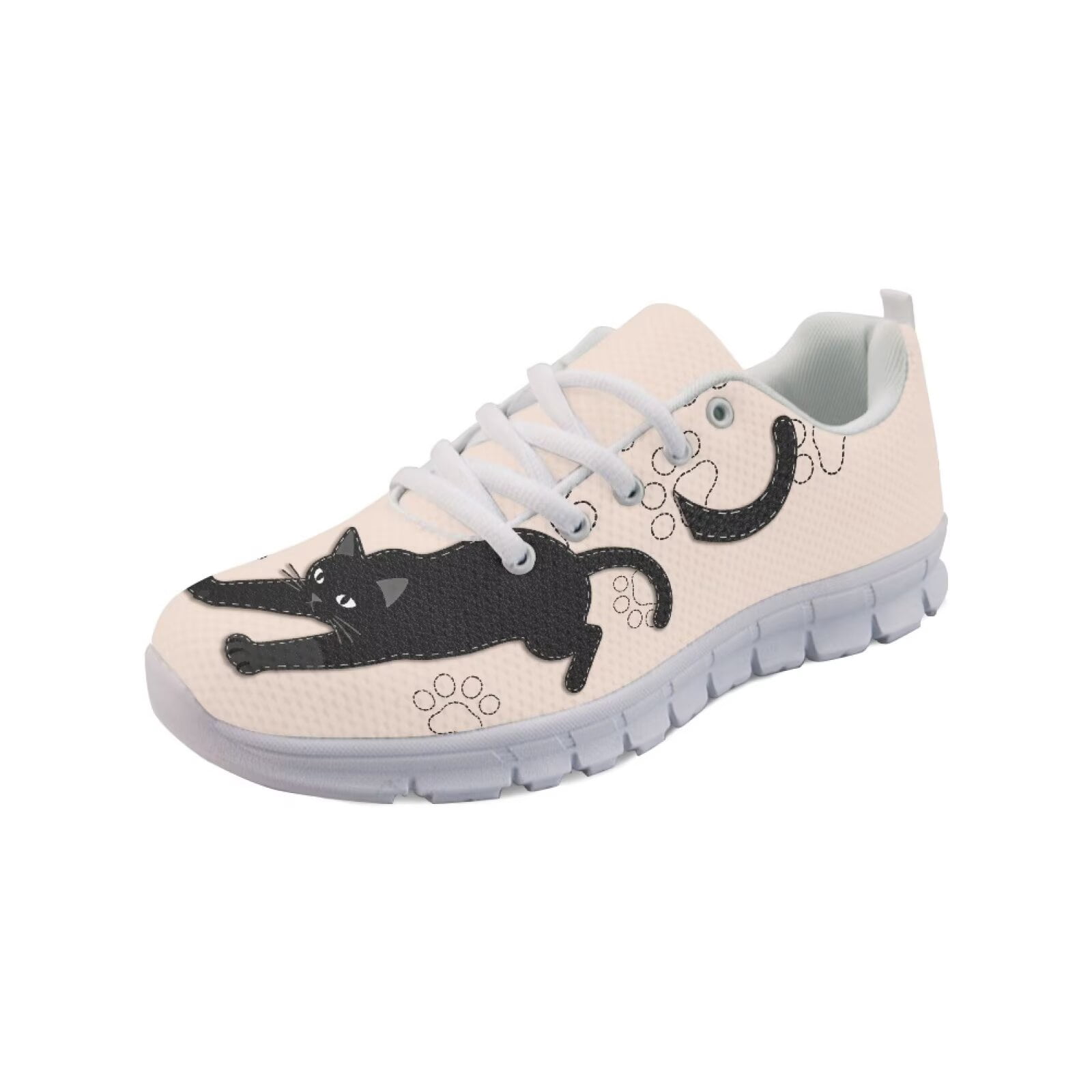 COEQINE Girls Sneakers Lace Up White Sole Cute Women Running Shoes for Travel Outdoor Comfortable Training Athletic Sport Shoes, Cute Black Cat Paw