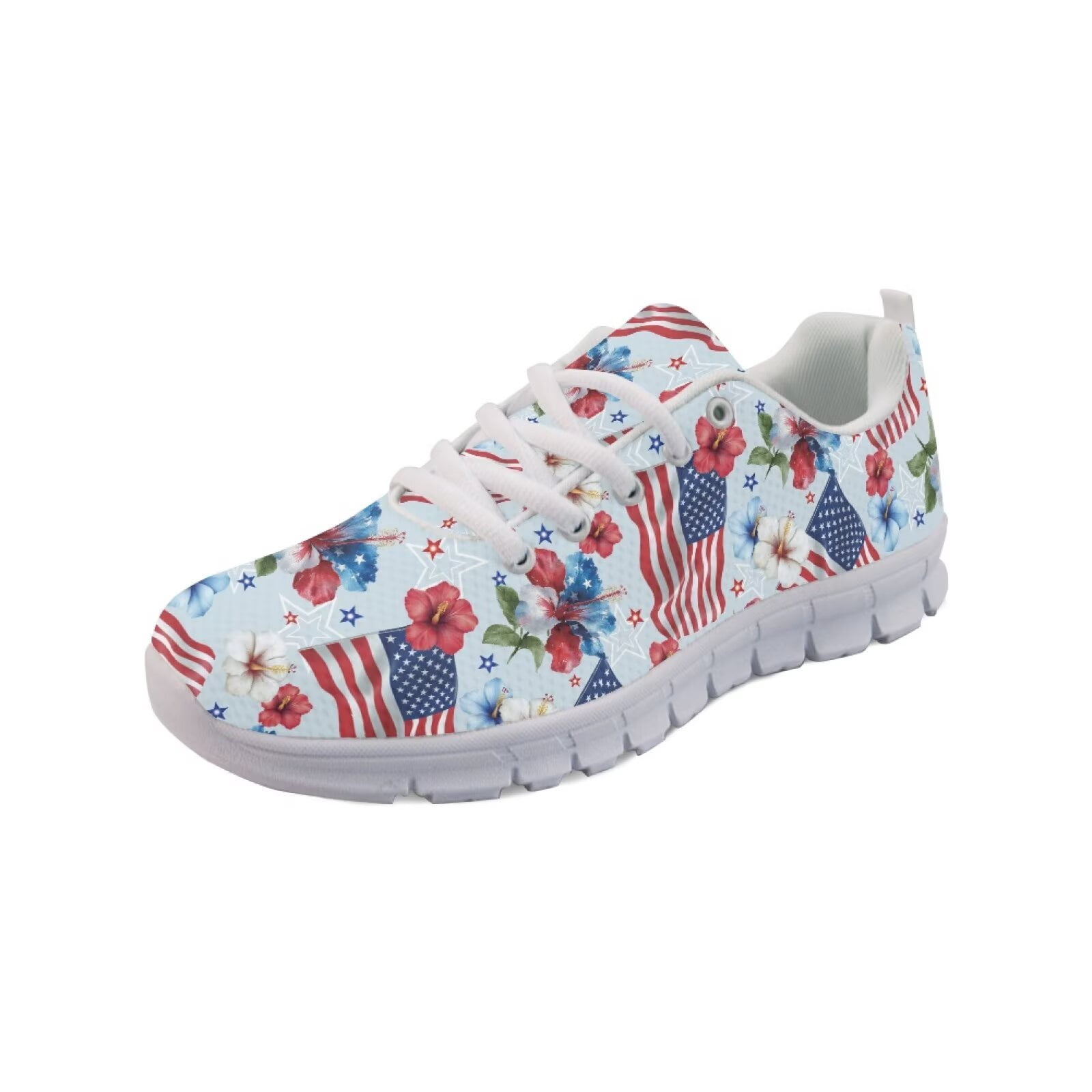 COEQINE Girls Sneakers Lace Up White Sole Women Running Shoes for Travel Outdoor Comfortable Training Athletic 4th of July Patriotic Sport Shoes, American Flag Hibiscus Blue