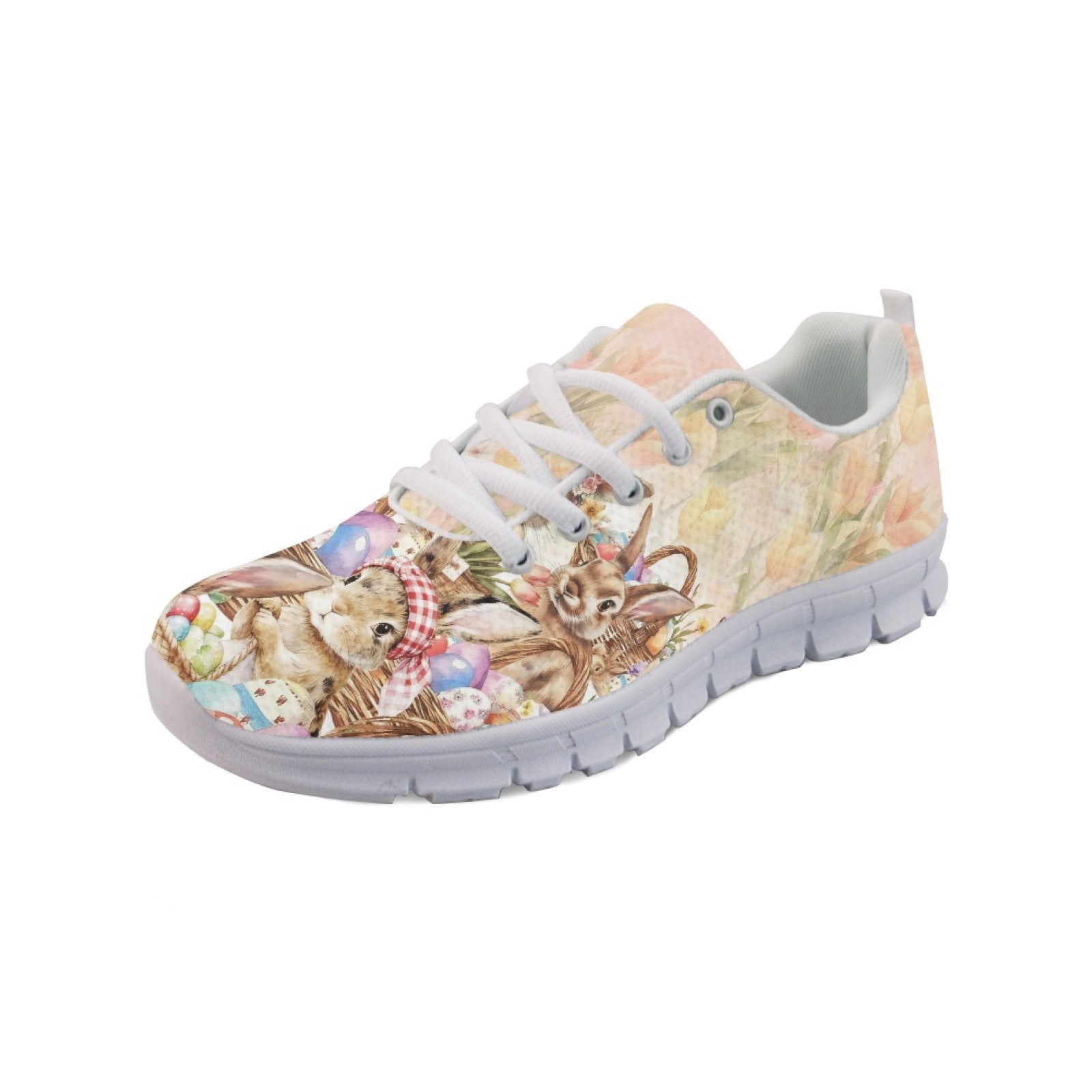 COEQINE Girls Sneakers Mesh Breathable Lace Up White Sole Women Running Shoes for Travel Outdoor Training Athletic Sport Shoes Footwear for Easter Day, Easter Bunny Egg Basket