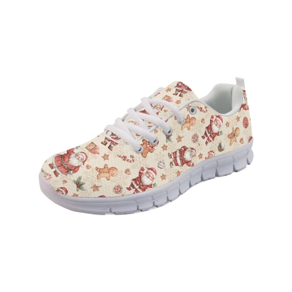 COEQINE Girls Sneakers White Sole Mesh Breathable Lace Up Santa Claus Beige Retro Women Running Shoes for Xmas Travel Outdoor Training Athletic Sport Christmas Shoes