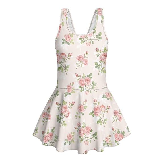 COEQINE Girls Swimsuit for Swimming, One Piece with Full Coverage Skirt & Built-in Brief, Stretchy Scoop Neck Swim Dress, Fixed Wide Straps, for Kids 5-6 Years, Pink Rose Floral