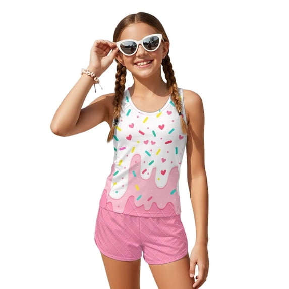 COEQINE Girls Tankini Swimsuit Two Piece for Big Kid 10-11 Years, Tank Neck Top with Boyshort Swimwear, Modest Bathing Suit with Removable Chest Pads, Pink Ice Cream
