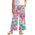 thumbnail image 1 of COEQINE Girls Wide Leg Long Pants with Ruffle Straight Leg High Waisted Summer Trousers Stylish Outfits Flowy Playwear for 5-6 Years Kids, Pink Yellow Teal Tie-dye, 1 of 8