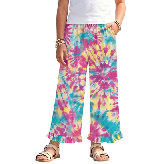 COEQINE Girls Wide Leg Long Pants with Ruffle Straight Leg High Waisted Summer Trousers Stylish Outfits Flowy Playwear for 5-6 Years Kids, Pink Yellow Teal Tie-dye