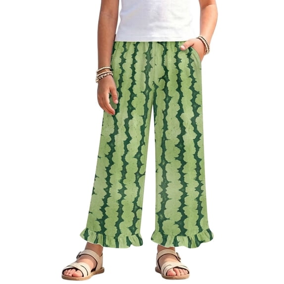 COEQINE Girls' Wide Leg Pants with Ruffle Hem, Casual Long Trousers Breathable Flowy Fall Pants Y2K Girly Outfits for Daughter, Size 11-12, Watermelon Rind Stripe