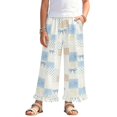 thumbnail image 1 of COEQINE Girls Wide Leg Pants with Ruffle Hem, High Waist Full Length Casual Pants Baggy Straight Trousers Trendy Kids Clothes for 7-8 Years, Blue Bow Polka Dots Patchwork, 1 of 8