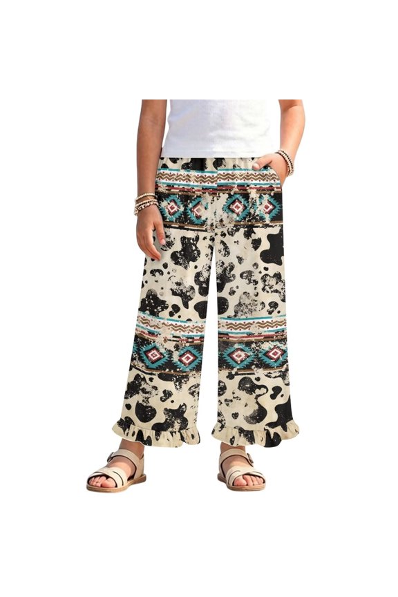 Girls' Wide Leg Pants with Ruffle High Waisted Trousers Straight Leg Track Pants Fashion Outfits Trendy Bottoms for 11-12 Years, Retro Aztec Cow Print