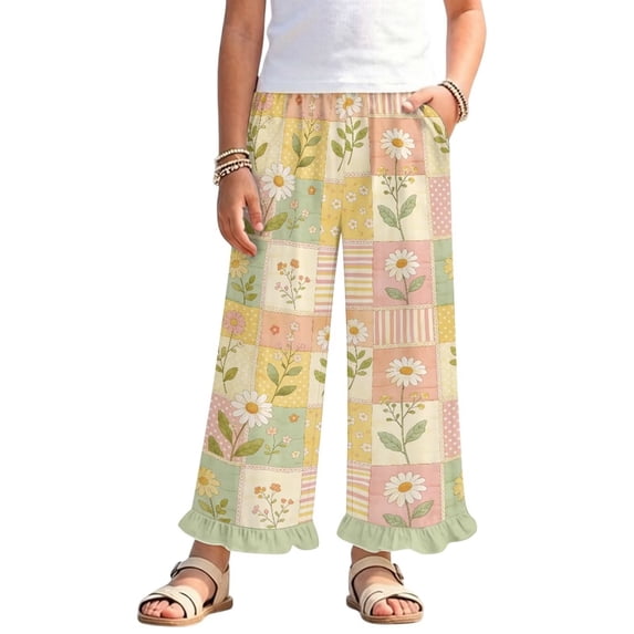 COEQINE Girls' Wide Leg Pants with Ruffle High Waisted Trousers Straight Leg Track Pants Fashion Outfits Trendy Bottoms for 13-14 Years, Retro Daisy Patchwork