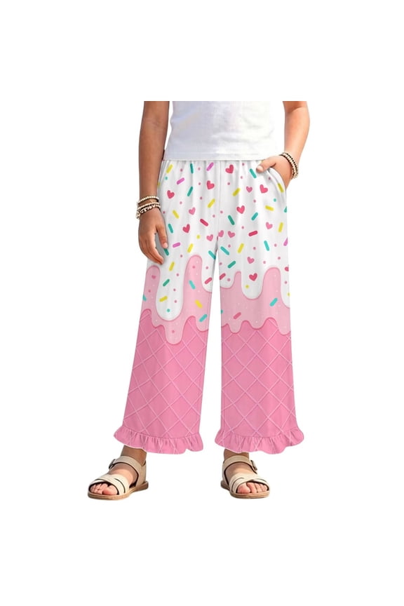 Girls Wide Leg Ruffle Pants High Waisted Palazzo Pants with Pockets Flowy Trousers Comfy Fall Outfits for 11-12 Years Tween, Drip Ice Cream Pink