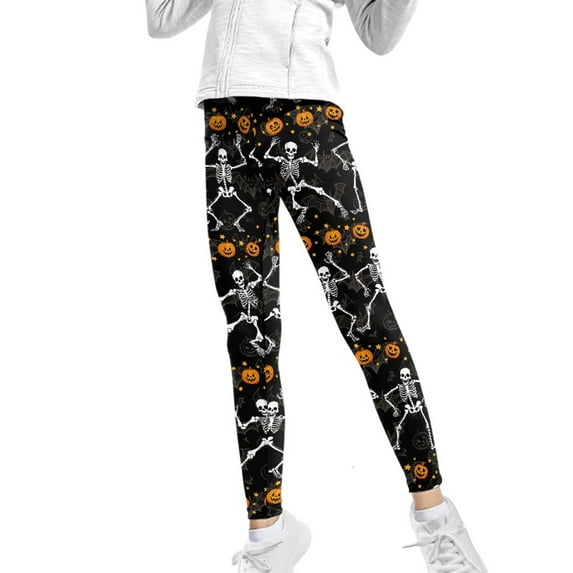 COEQINE Girls Yoga Leggings Halloween Yoga Pants Full Length Athletic Trousers High Waist Tummy Control, Funny Skeleton Pumpkin Bat, for 10-11 Years Kids