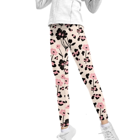 COEQINE Girls Yoga Leggings High Waist Sport Pants Buttery Soft Stretch Running Leggings, for 4-5 Years Kids Girls, Pink Floral Leopard Print