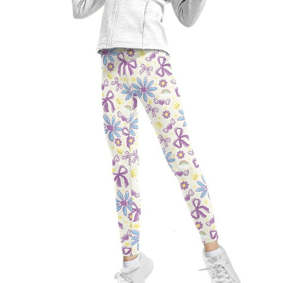 COEQINE Girls Yoga Leggings Pants Full Length Athletic Trousers High Waist Tummy Control, Daisy Floral Bow Heart Violet, for 6-7 Years Kids Girls