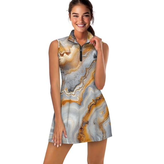 COEQINE Gold and Gray Marble Print Golf Dresses for Women Sleeveless Breathable Pickleball Dresses with Shorts 2 Pockets V-Neck Quick Dry Athletic Outfits with 2 Pieces, S
