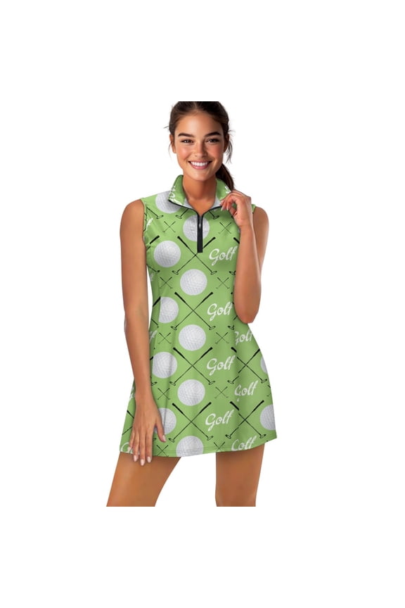 Golf Ball Club Green Print Women's Golf Dress Sleeveless V-Neck Athletic Dresses for Women Lightweight 2 Piece Set Golf Outfits with Built in Shorts and Pockets, L